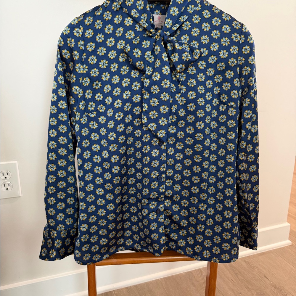 Laurie Felt Blue and Yellow Floral Blouse with Tie Neck Medium